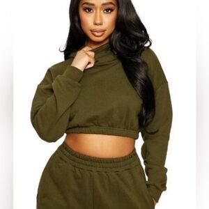 Naked Wardrobe Olive Green Cropped Hoodie – Large NWOT